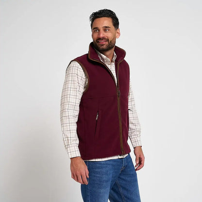 Maroon Jack Pyke Countryman Fleece Gilet with brown zipper trim and two lower zipped pockets in 300gsm micro fleece