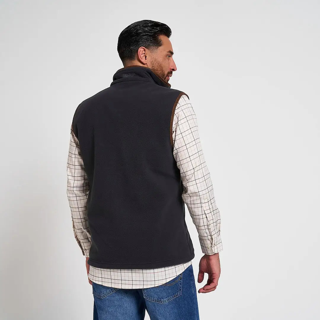 Jack Pyke Countryman 300gsm micro fleece gilet in black with brown leather trim