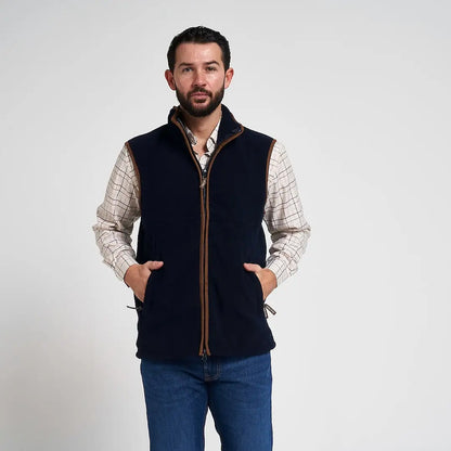 Navy blue Jack Pyke Countryman 300gsm fleece gilet with brown trim
