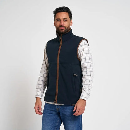 Navy blue Jack Pyke Countryman Fleece Gilet with brown zipper, 300gsm micro fleece