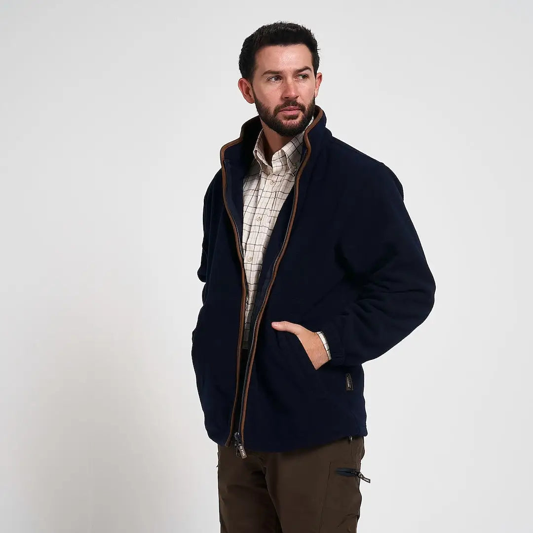Jack Pyke Countryman fleece jacket in navy blue with brown zipper trim