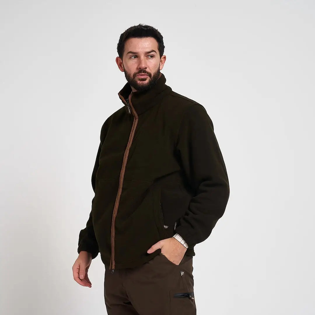 Jack Pyke Countryman fleece jacket in dark olive green with tan zipper trim
