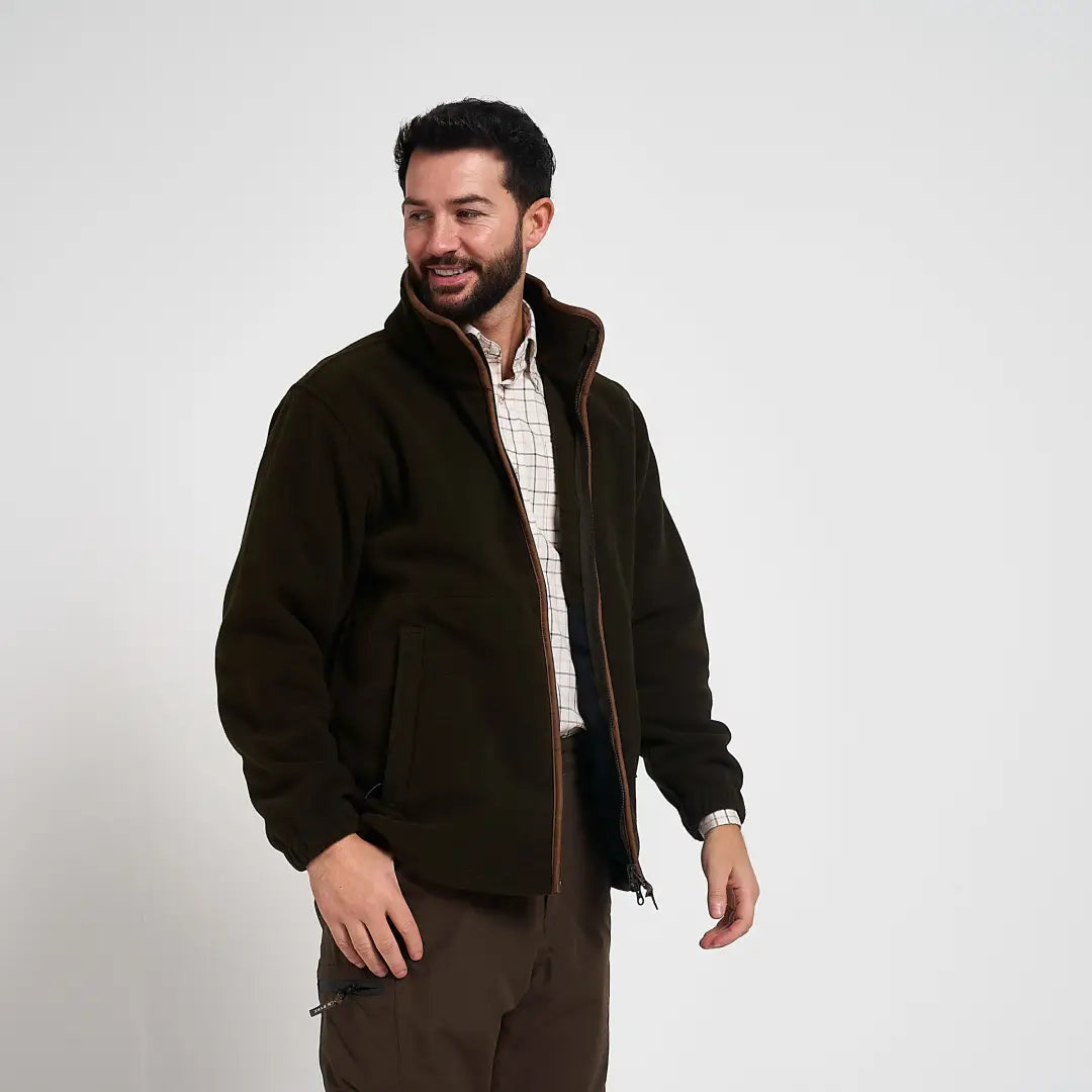 Dark olive green Jack Pyke Countryman fleece jacket with brown trim and high collar