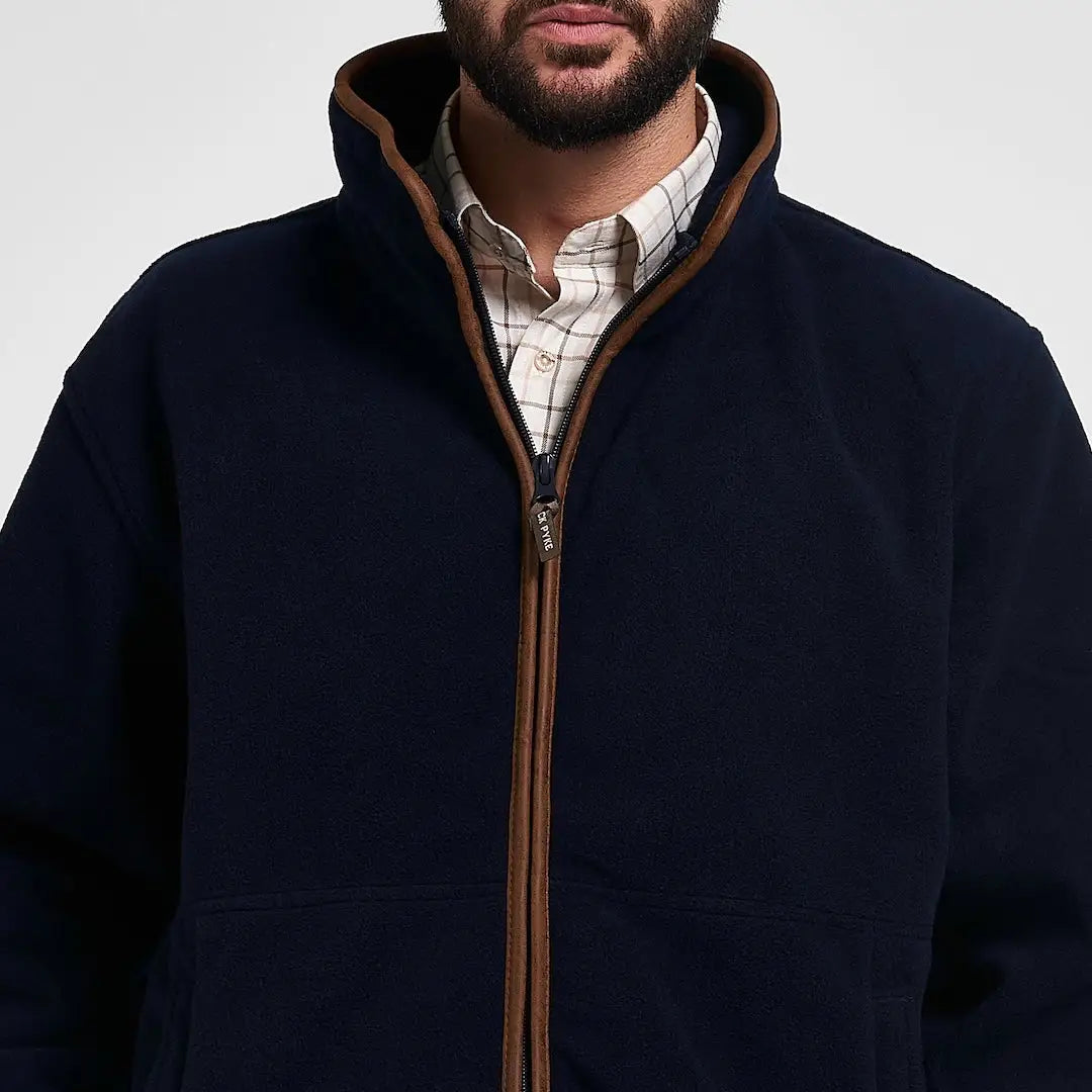 Jack Pyke Countryman fleece jacket in navy blue with brown leather trim