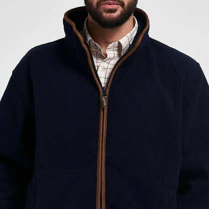 Jack Pyke Countryman fleece jacket in navy blue with brown leather trim