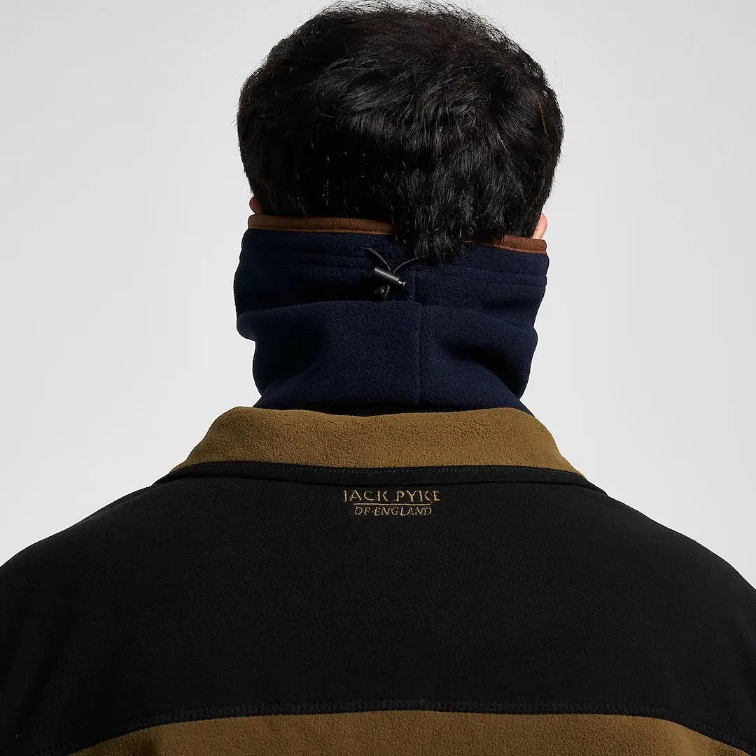 Jack Pyke Countryman neck gaiter in navy blue fleece with brown trim