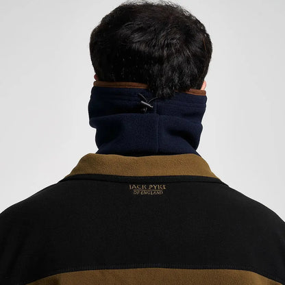 Jack Pyke Countryman neck gaiter in navy blue fleece with brown trim
