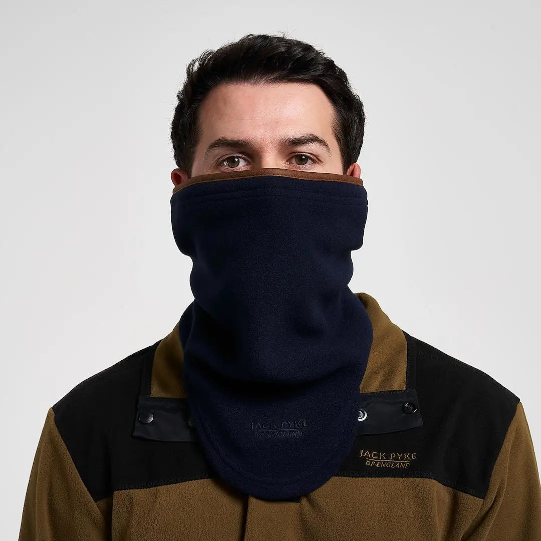 Navy blue Jack Pyke Countryman neck gaiter with brown trim