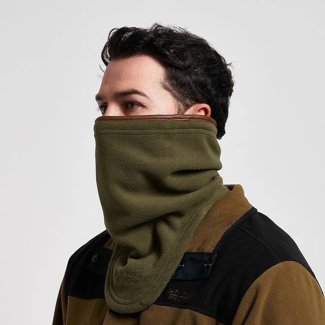 Olive green Jack Pyke Countryman neck gaiter with brown leather trim