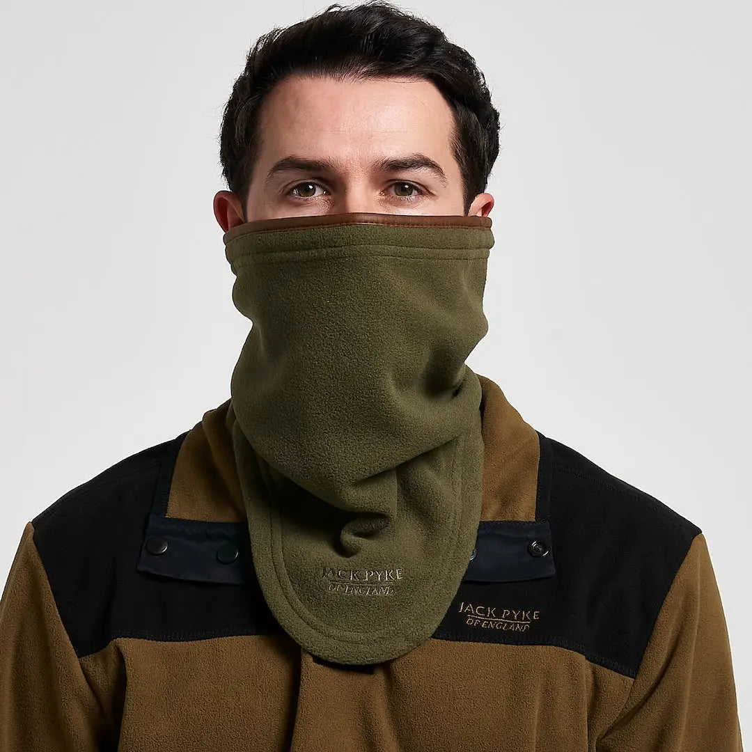 Olive green Jack Pyke Countryman neck gaitor with brown trim