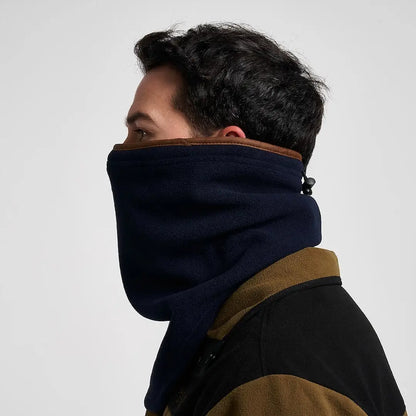 Jack Pyke Countryman neck gaiter in navy blue fleece with brown lining and black toggle