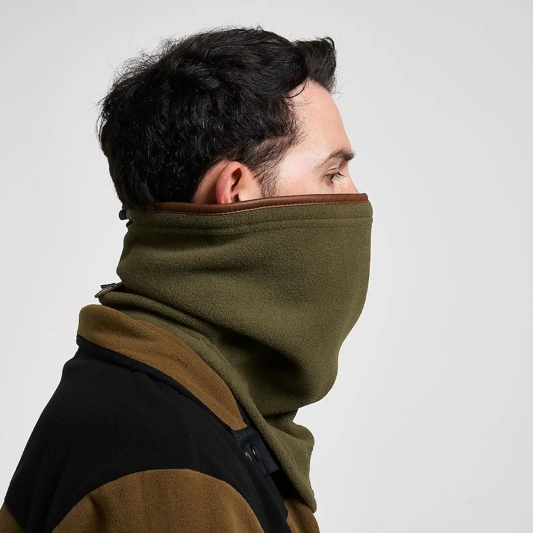 Jack Pyke Countryman neck gaiter in olive green fleece with brown leather trim