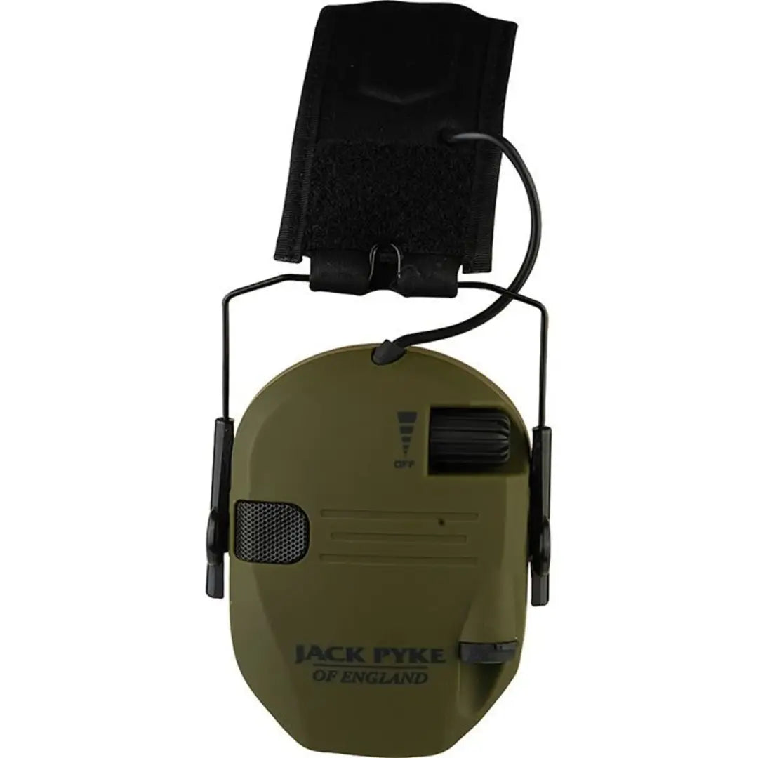 Olive green Jack Pyke Electronic Ear Defenders with black headband for hearing protection