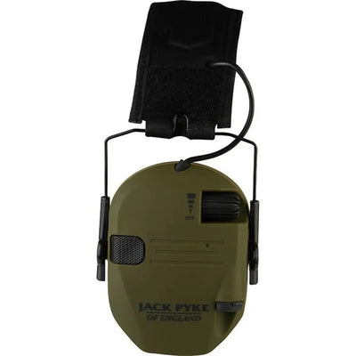 Olive green Jack Pyke Electronic Ear Defenders with black headband for hearing protection