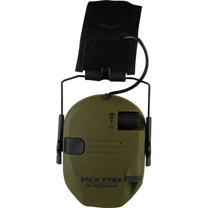 Olive green Jack Pyke Electronic Ear Defenders with black headband for hearing protection
