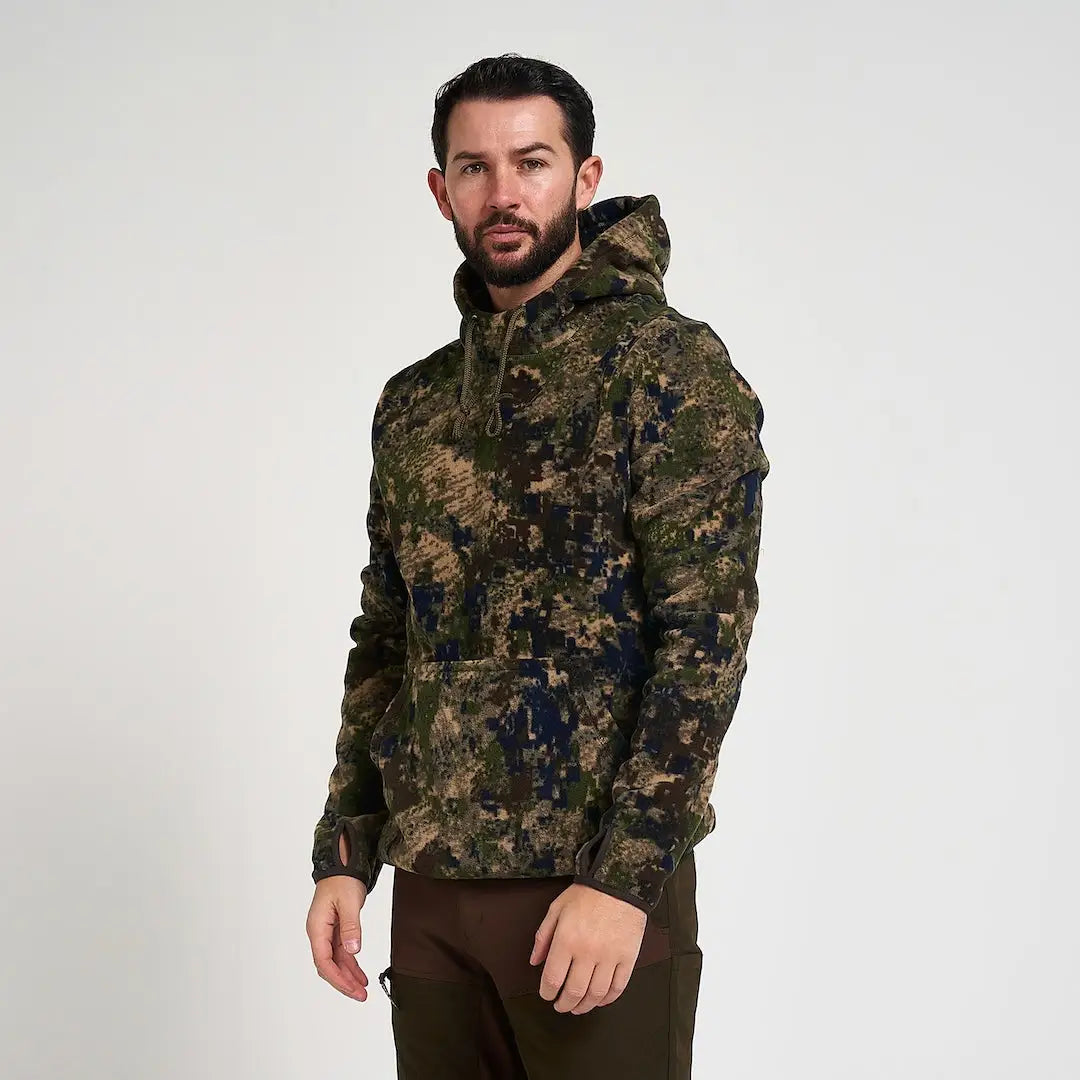 Man in Jack Pyke Fieldman Fleece Hoodie with camo pattern