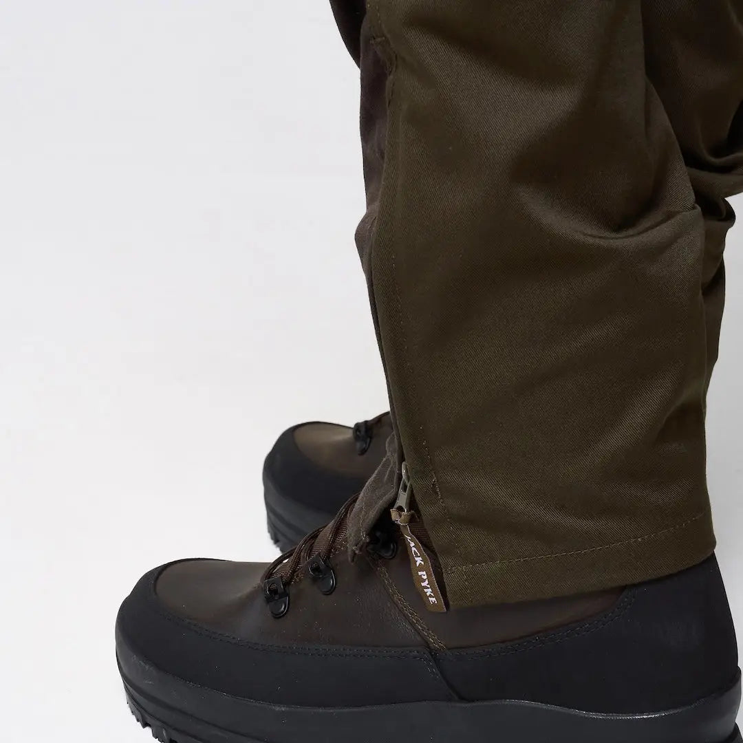 Dark olive Jack Pyke Fieldman trousers with ankle zippers and reinforced stitching