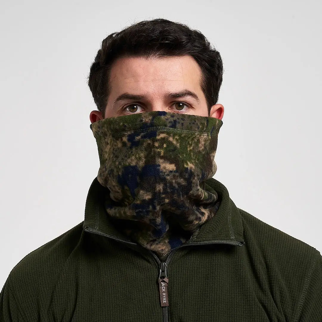 Jack Pyke fleece neck gaiter in green, brown, blue camo pattern