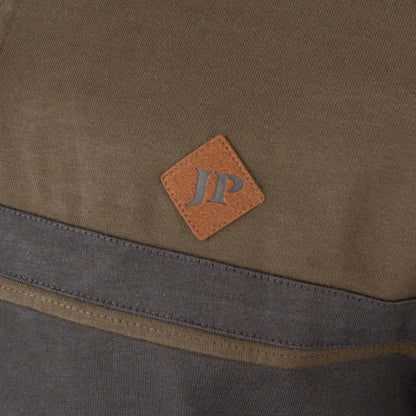 Jack Pyke half zip contrast sweatshirt with brown leather JP patch on olive green canvas backpack