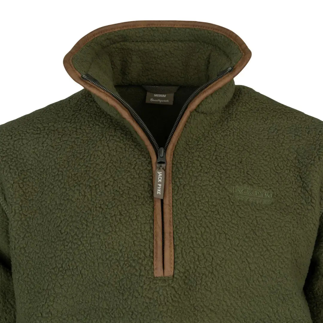 Jack Pyke half zip sherpa fleece pullover in olive green with brown trim