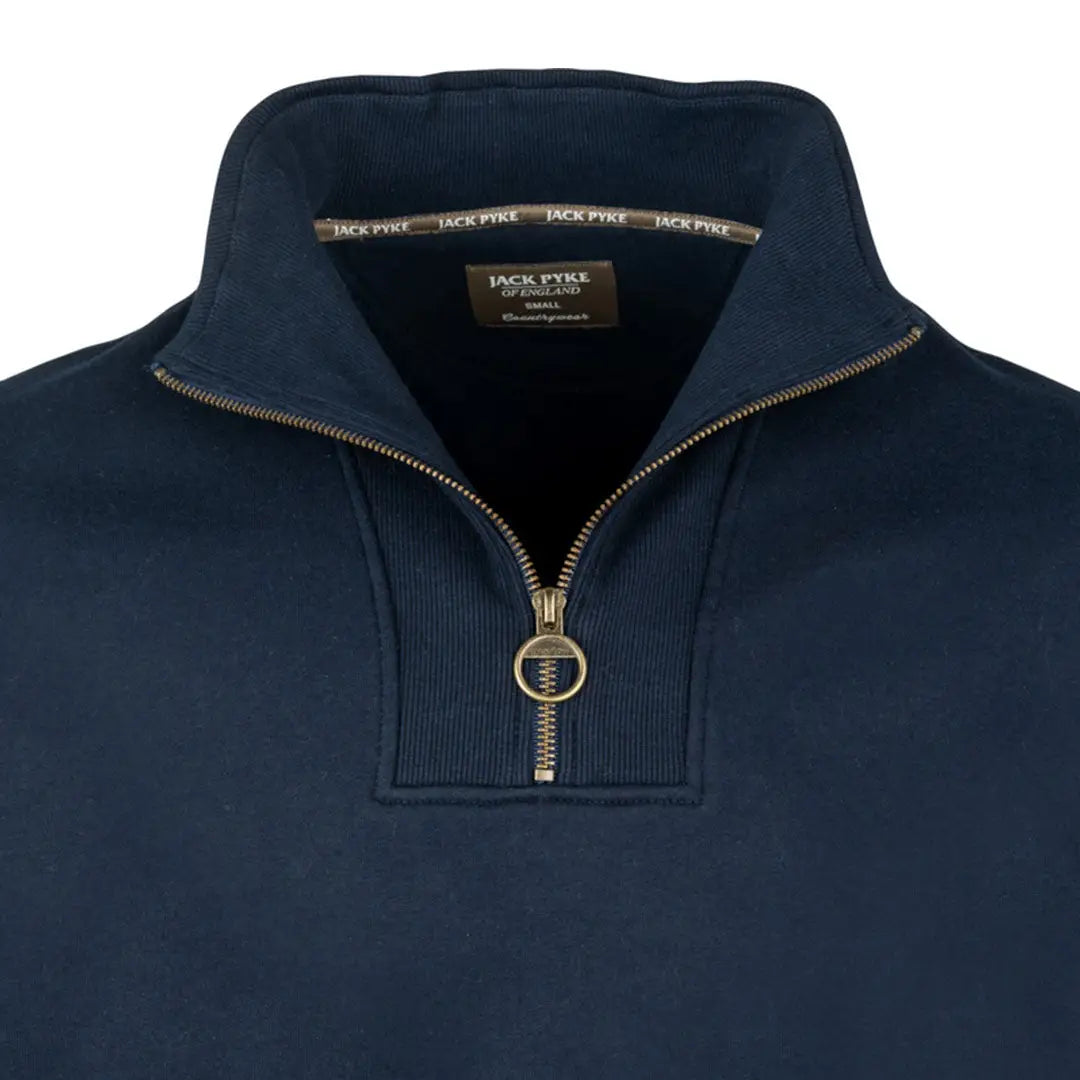 Navy blue Jack Pyke half zip sweatshirt with gold zipper and ribbed collar