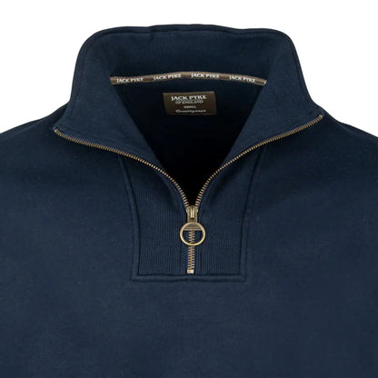 Navy blue Jack Pyke half zip sweatshirt with gold zipper and ribbed collar