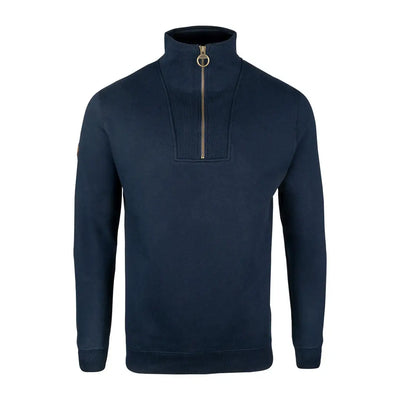 Navy blue Jack Pyke half zip sweatshirt with gold zipper and ribbed trim