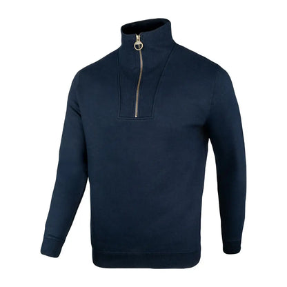 Navy blue Jack Pyke half zip sweatshirt with gold zipper and ribbed trim