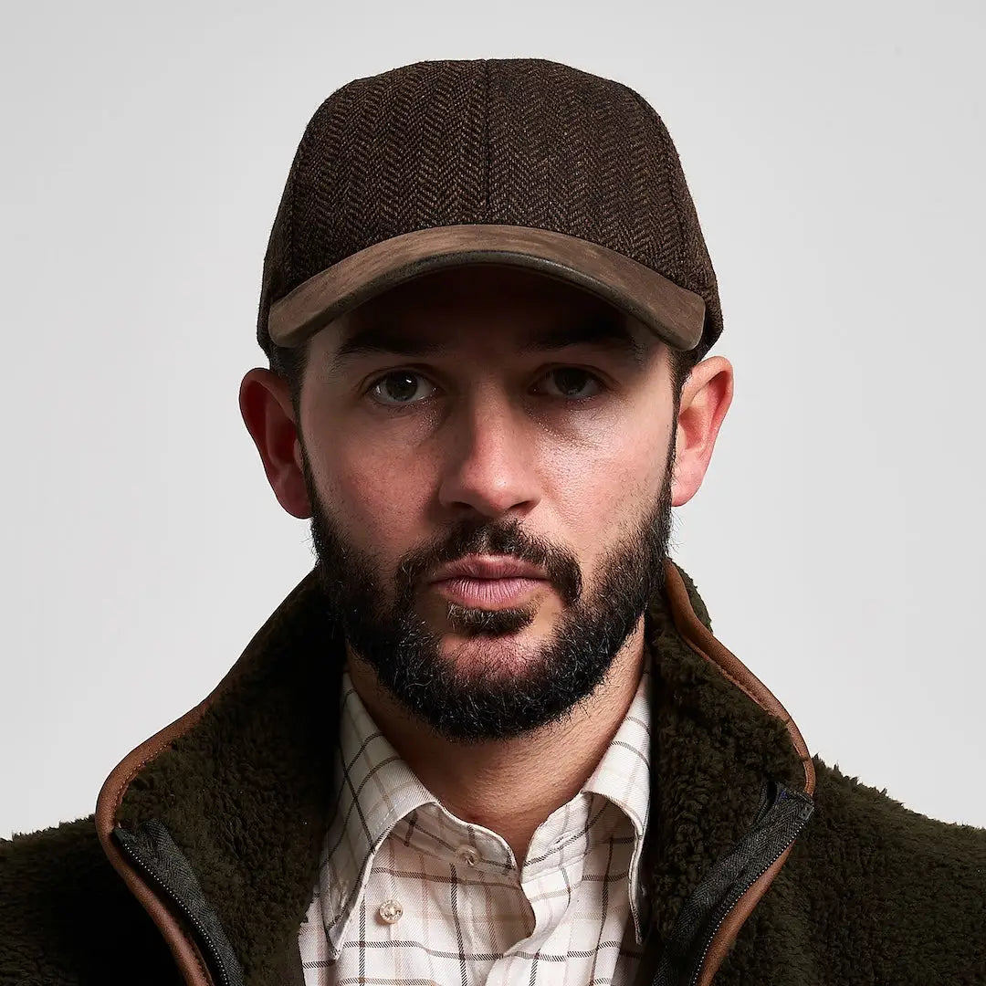 Jack Pyke herringbone baseball cap in brown with tan leather brim