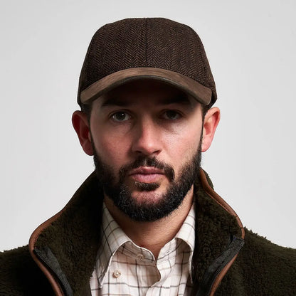 Jack Pyke herringbone baseball cap in brown with tan leather brim