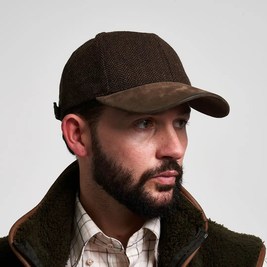 Jack Pyke herringbone baseball cap in brown tweed with suede brim