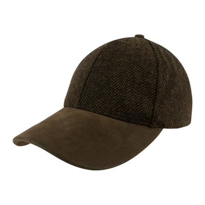 Jack Pyke Herringbone Baseball Cap in brown tweed with suede brim
