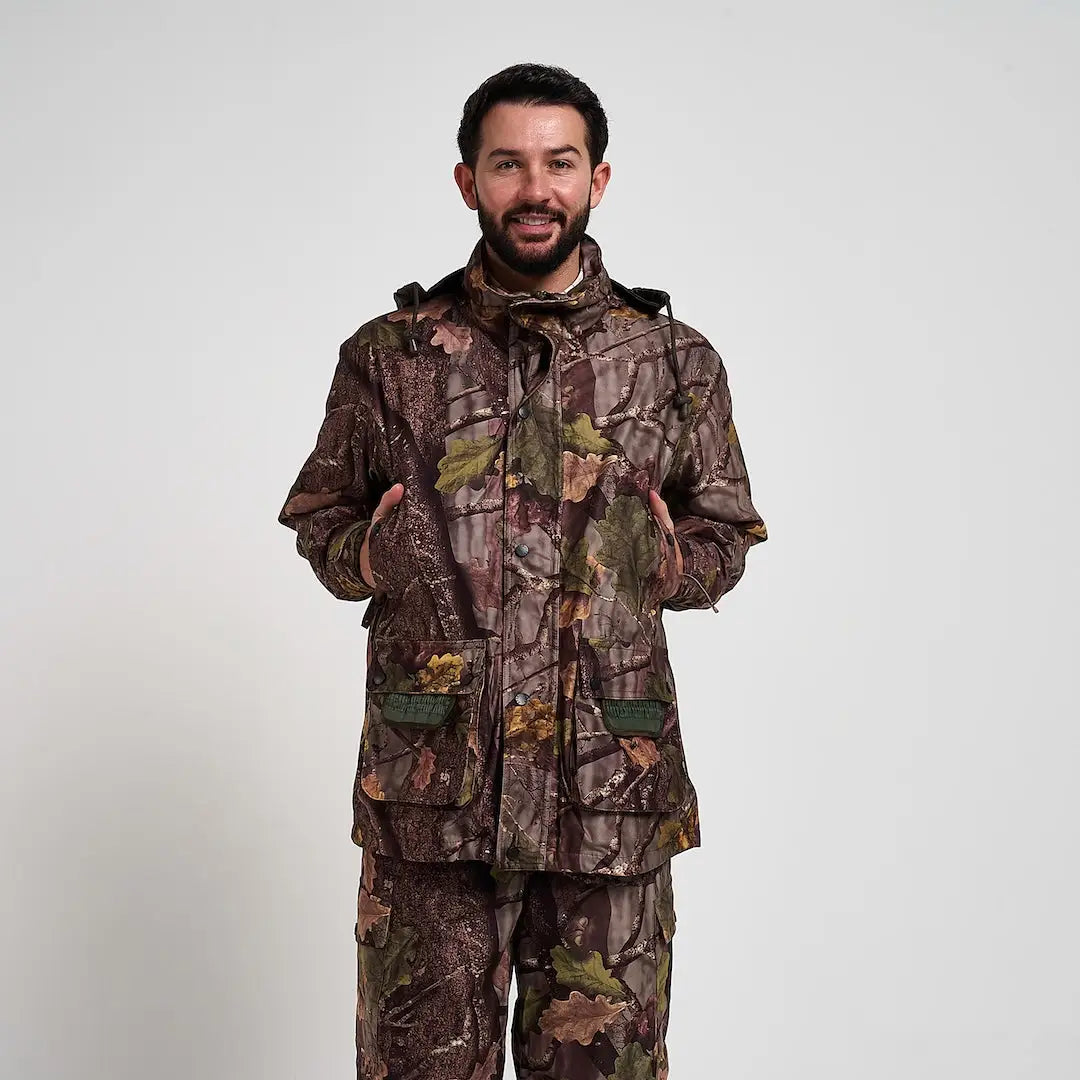 Jack Pyke Hunter Jacket in brown green leaf camo with hood pockets