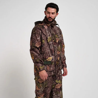 Man in Jack Pyke Hunter jacket with camo leaf patterns