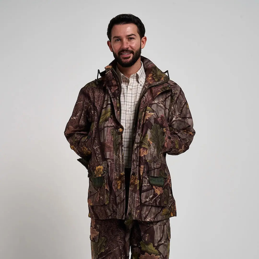 Jack Pyke Hunter jacket in brown green camo with hood and zipper