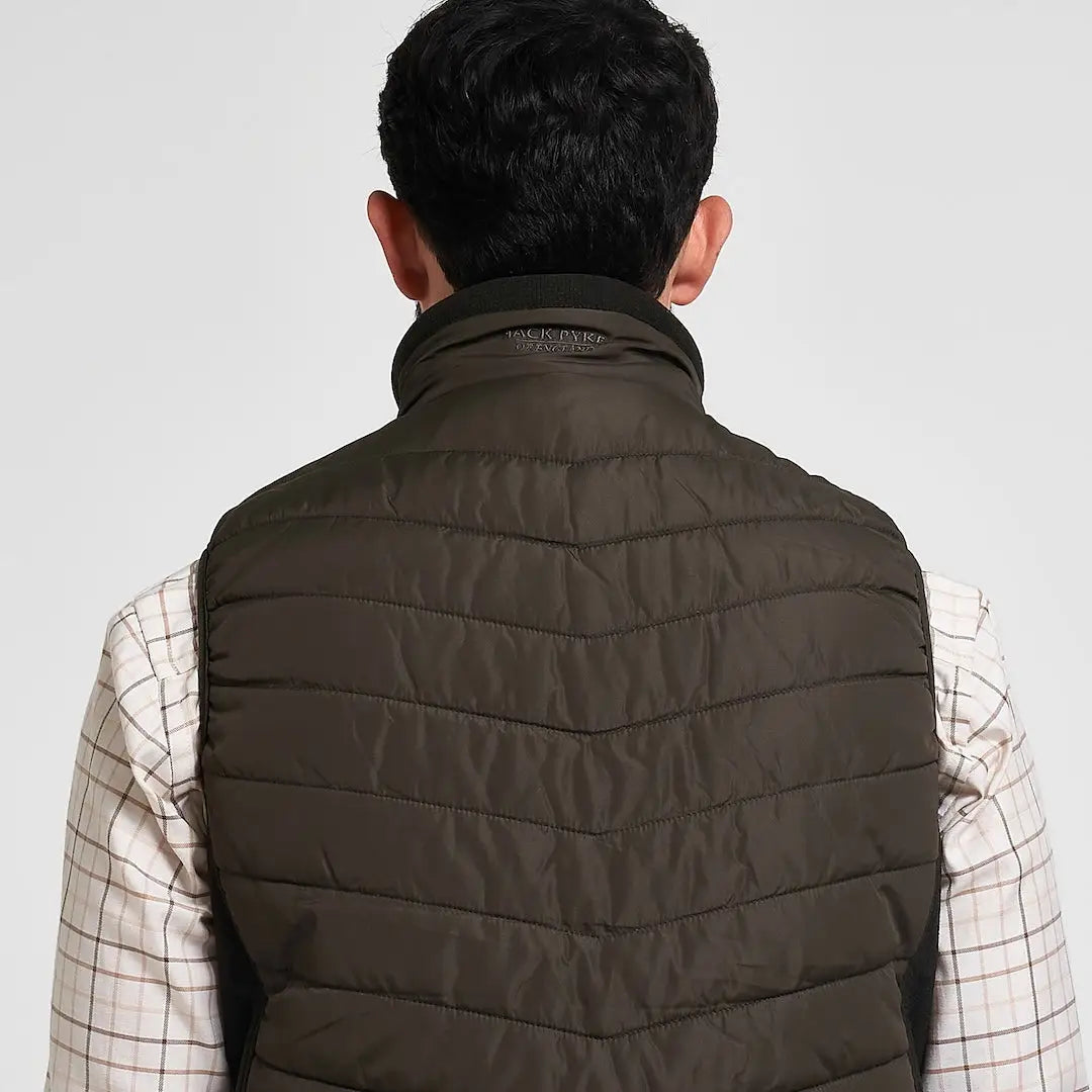 Dark olive Jack Pyke Hybrid Quilted Gilet with high collar and branding