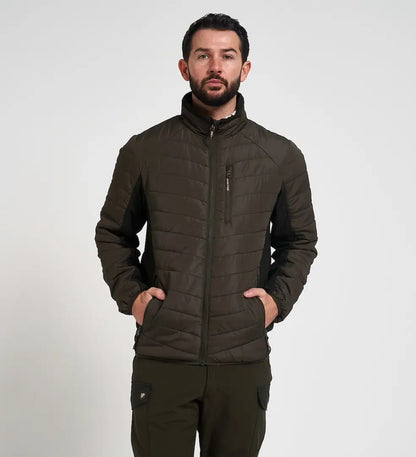 Dark olive Jack Pyke Hybrid quilted puffer jacket with black sleeves