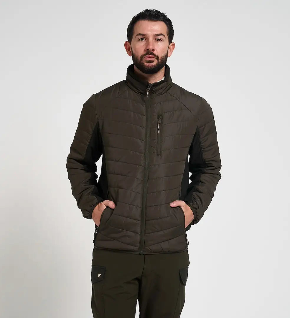Dark olive Jack Pyke Hybrid quilted puffer jacket with black sleeves