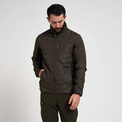 Dark olive Jack Pyke Hybrid Quilted Jacket with black panels and high collar