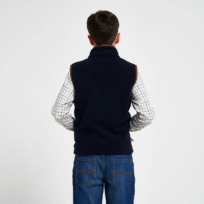 Jack Pyke Junior Countryman Fleece Gilet in navy blue with brown leather trim