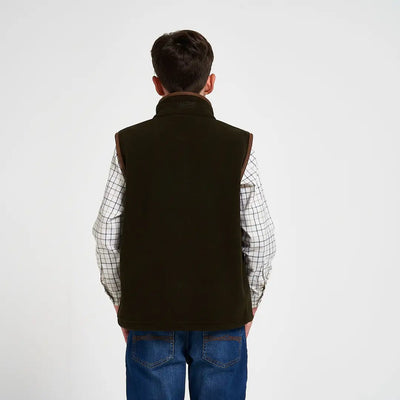 Jack Pyke Junior Countryman Fleece Gilet in dark olive with brown leather trim