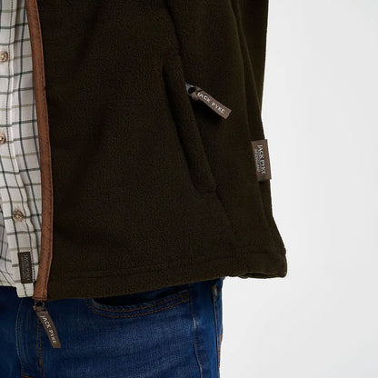 Dark olive green Jack Pyke Junior Countryman fleece gilet with brown leather trim