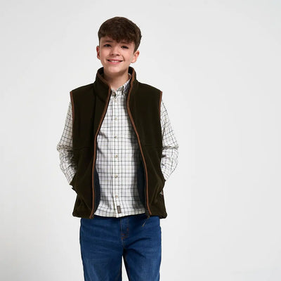 Jack Pyke Junior Countryman Fleece Gilet in olive green with brown trim