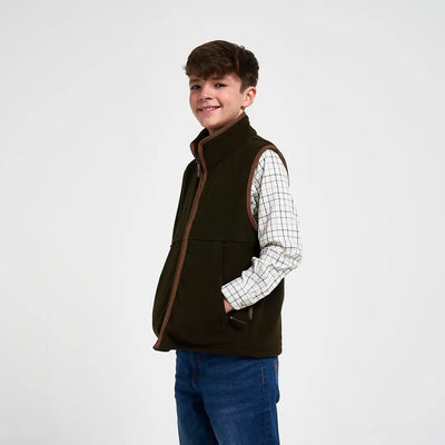 Olive green Jack Pyke Junior Countryman Fleece Gilet with brown leather trim