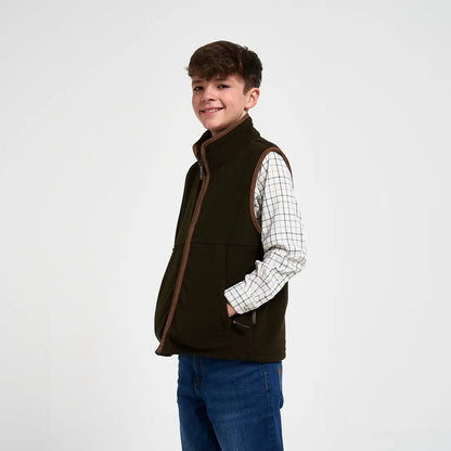 Olive green Jack Pyke Junior Countryman Fleece Gilet with brown leather trim