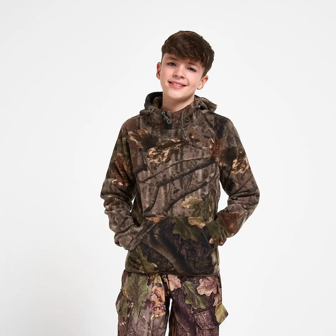 Boy in Jack Pyke Junior Fieldman camo fleece hoodie and pants