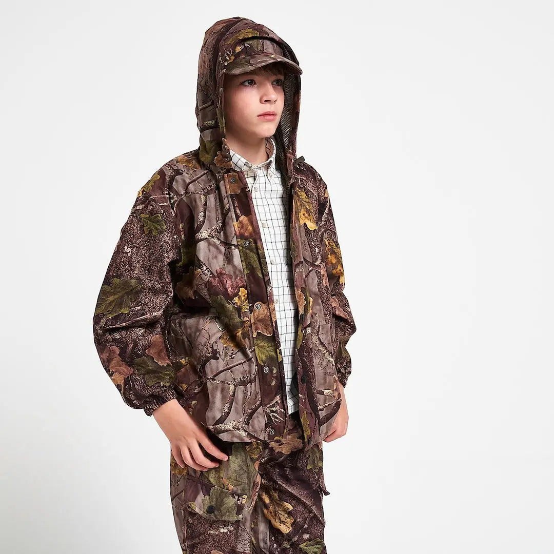 Jack Pyke Junior Jacket Evo in brown green leaf camouflage with hood
