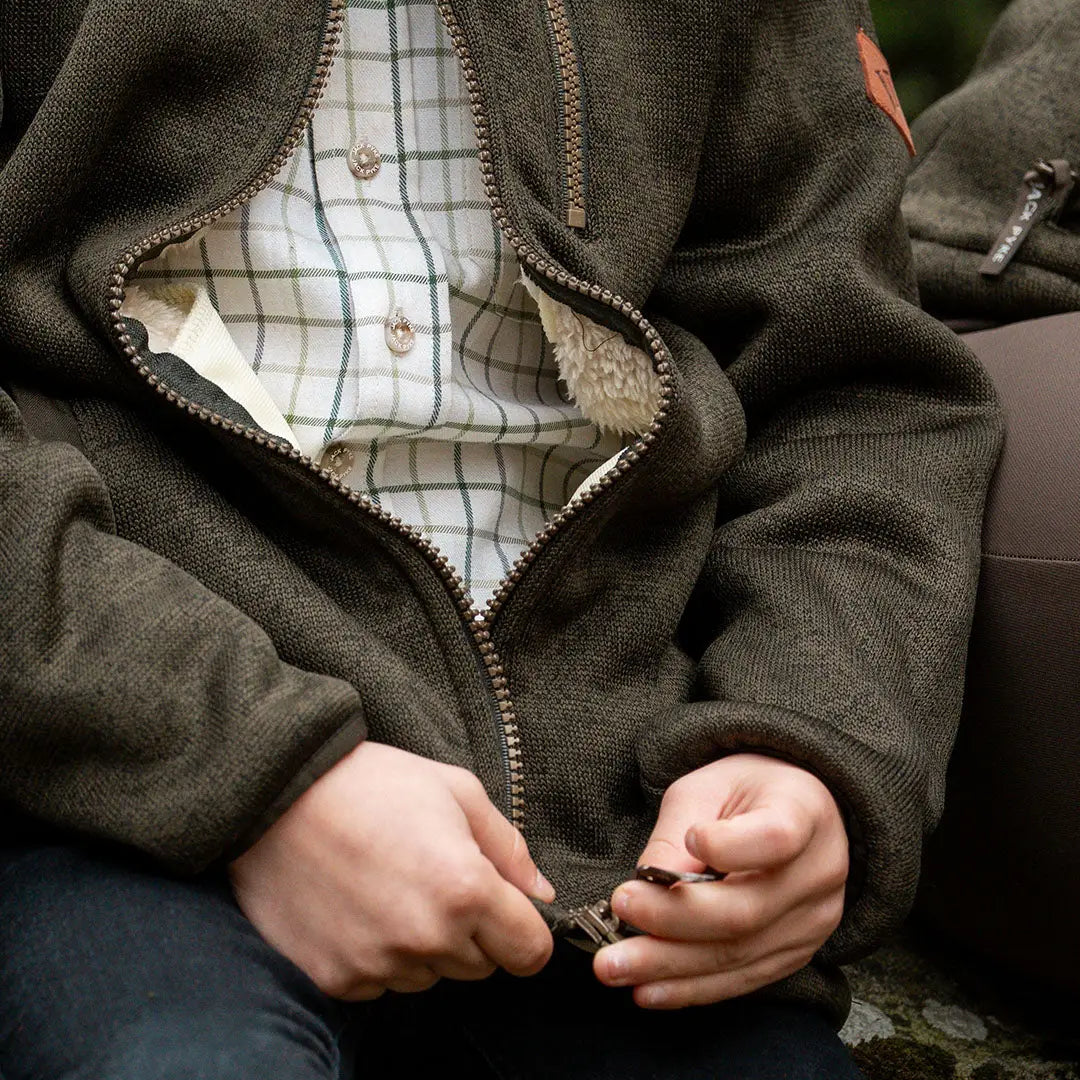 Jack Pyke junior olive green fleece jacket with zipper and plaid lining