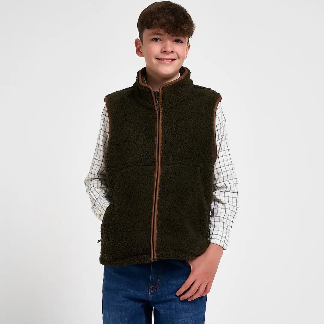 Olive green Jack Pyke junior sherpa fleece gilet with brown zipper