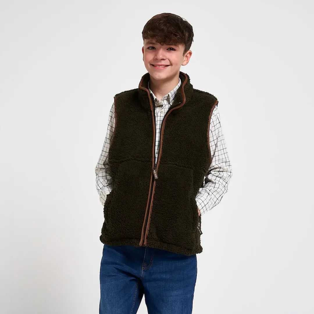 Jack Pyke junior sherpa fleece gilet in olive green with brown trim